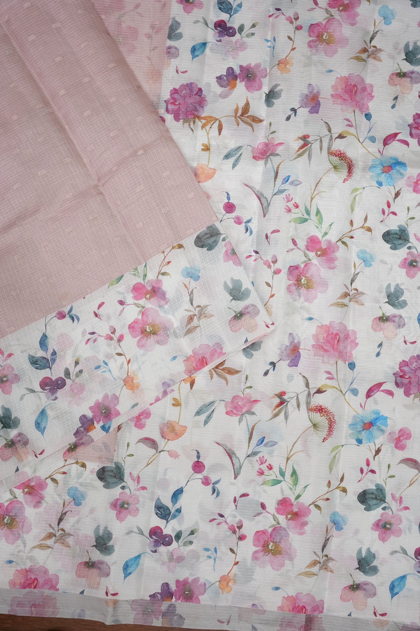 Kota Checks Saree with Floral Digital Print – Blush Pink
