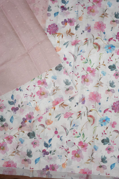 Kota Checks Saree with Floral Digital Print – Blush Pink