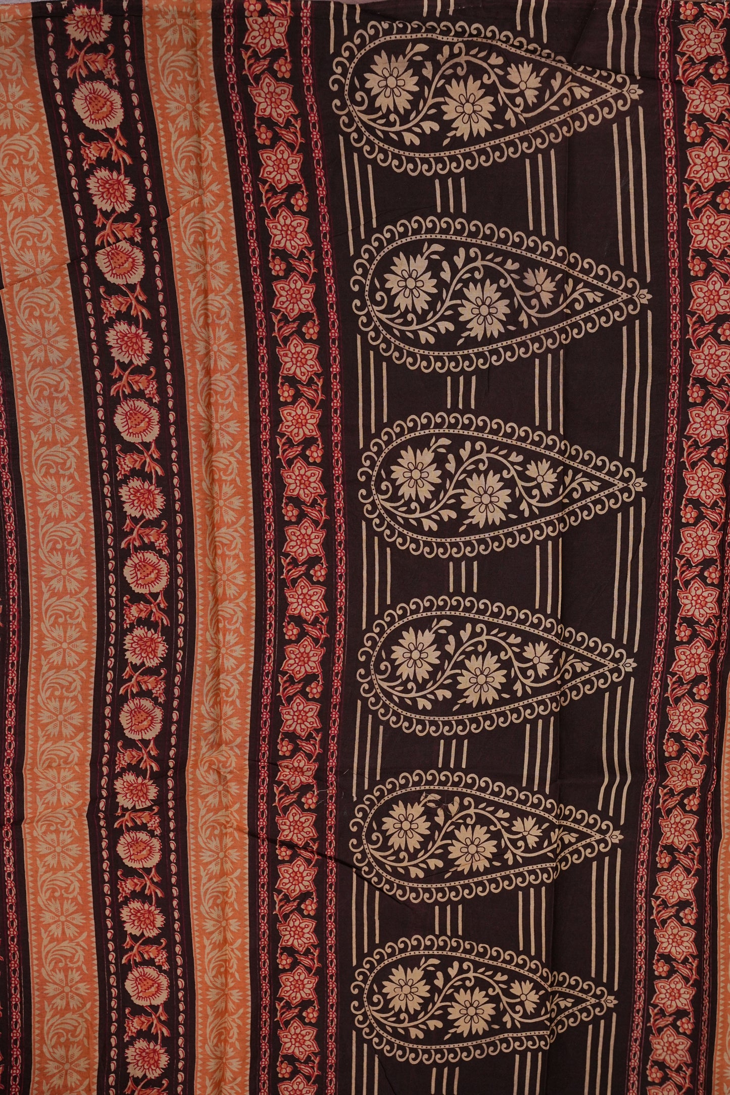 Kalamkari Inspired Cotton Saree – Deep Black with Earthy Floral Heritage Motifs