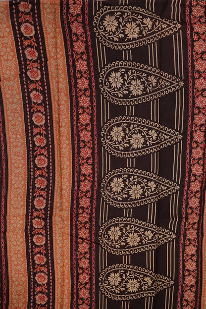 Kalamkari Inspired Cotton Saree – Deep Black with Earthy Floral Heritage Motifs