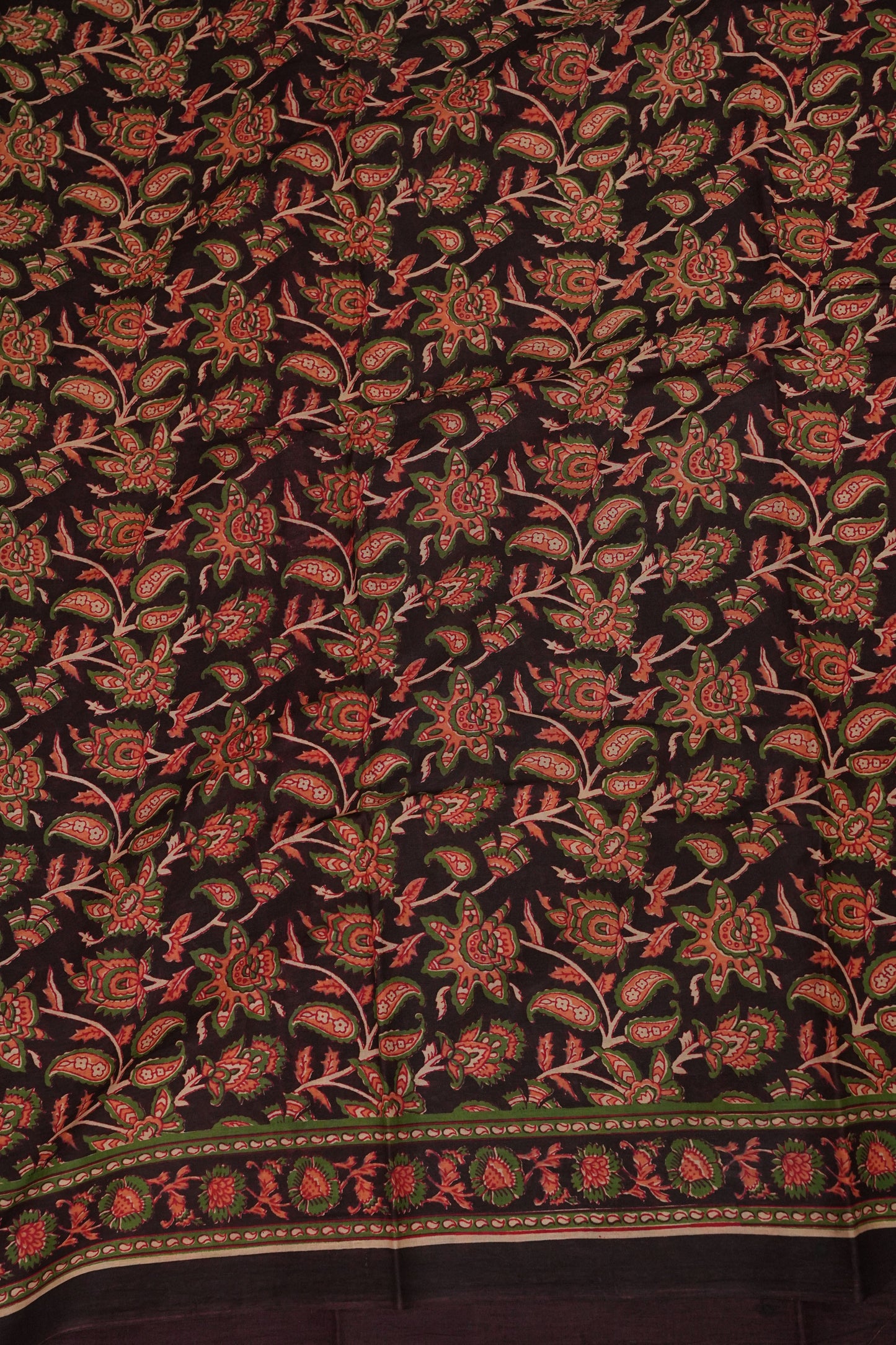 Kalamkari Inspired Cotton Saree – Deep Black with Earthy Floral Heritage Motifs