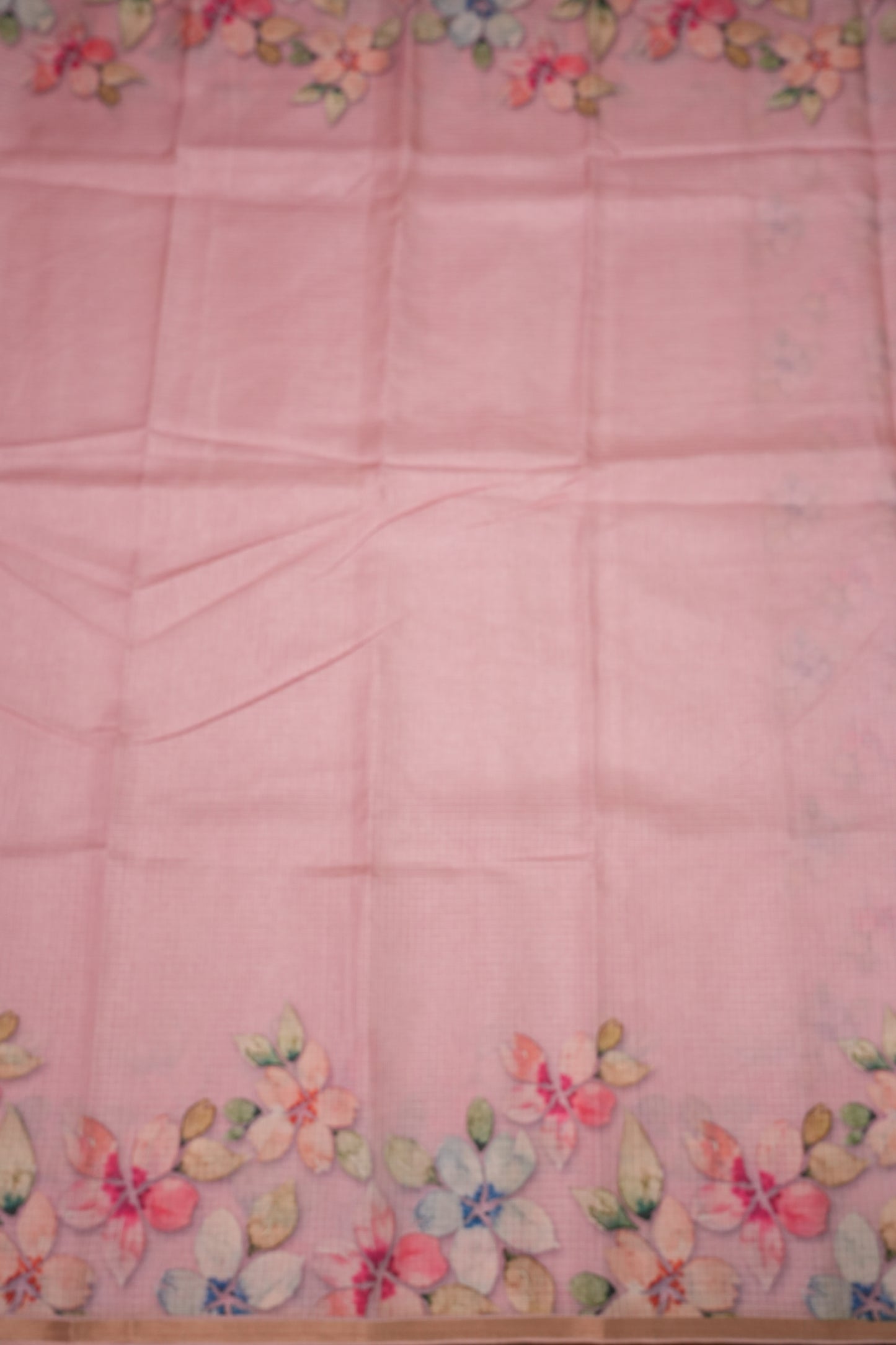 Kota Checks Saree with Floral Digital Print – Baby Pink