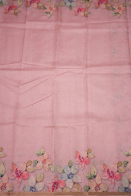 Kota Checks Saree with Floral Digital Print – Baby Pink