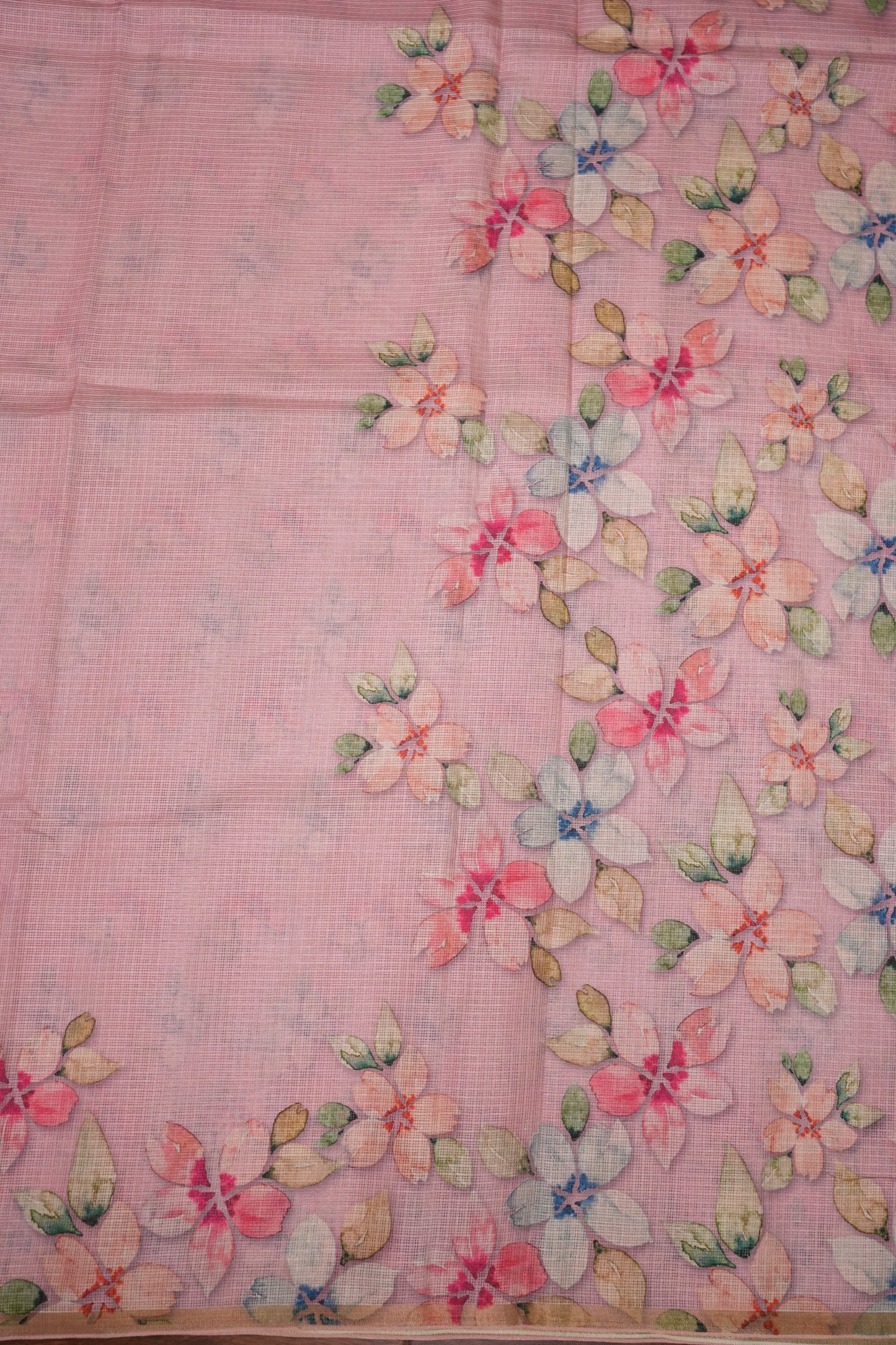 Kota Checks Saree with Floral Digital Print – Baby Pink