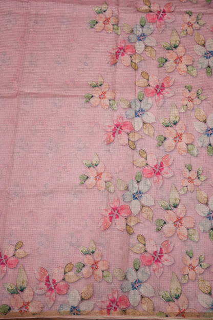 Kota Checks Saree with Floral Digital Print – Baby Pink