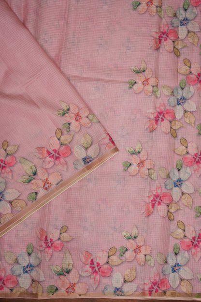 Kota Checks Saree with Floral Digital Print – Baby Pink