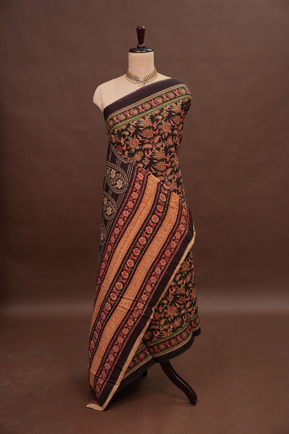 Kalamkari Inspired Cotton Saree – Deep Black with Earthy Floral Heritage Motifs