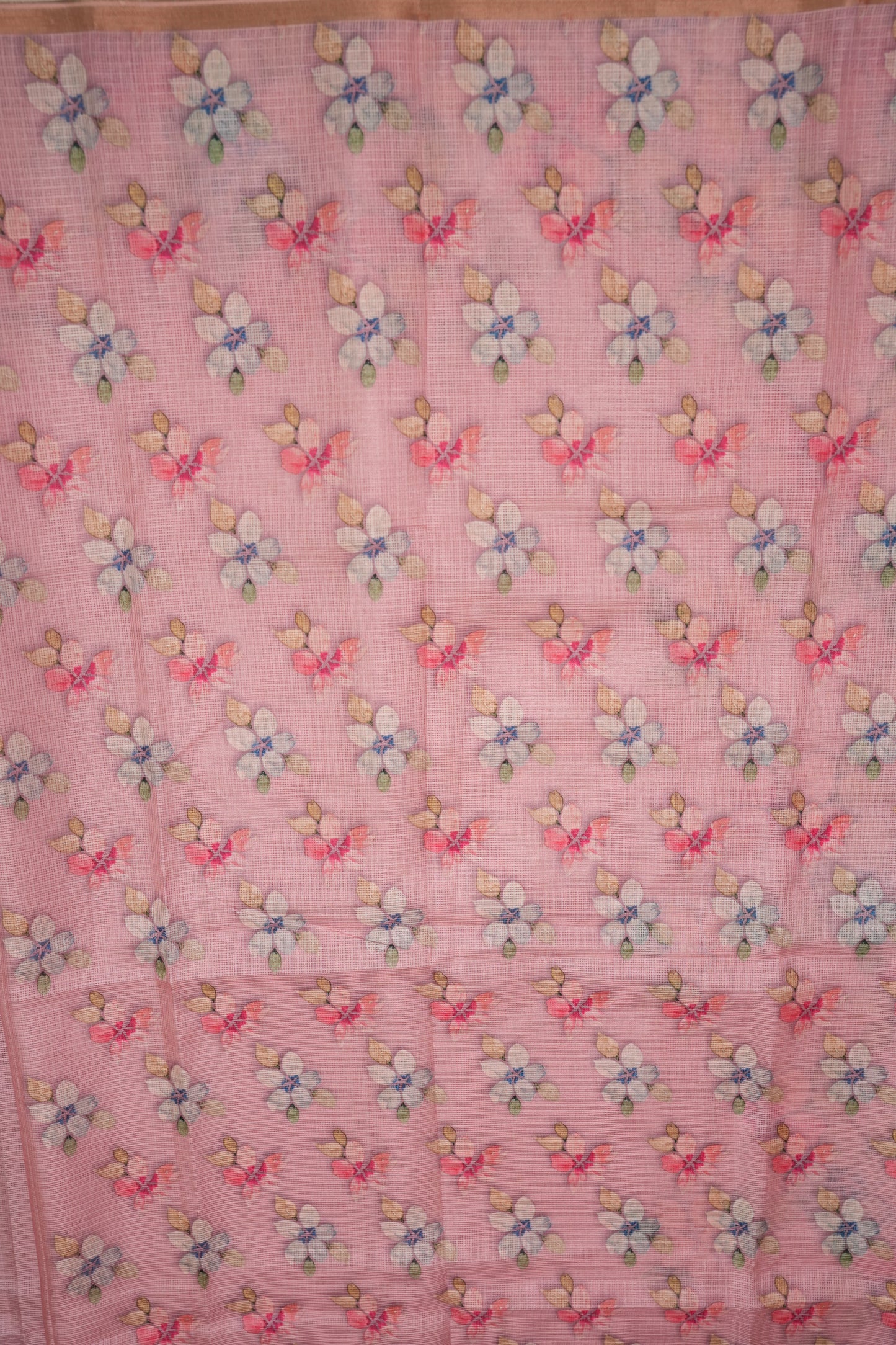 Kota Checks Saree with Floral Digital Print – Baby Pink