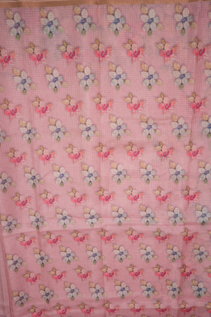 Kota Checks Saree with Floral Digital Print – Baby Pink