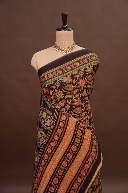 Kalamkari Inspired Cotton Saree – Deep Black with Earthy Floral Heritage Motifs