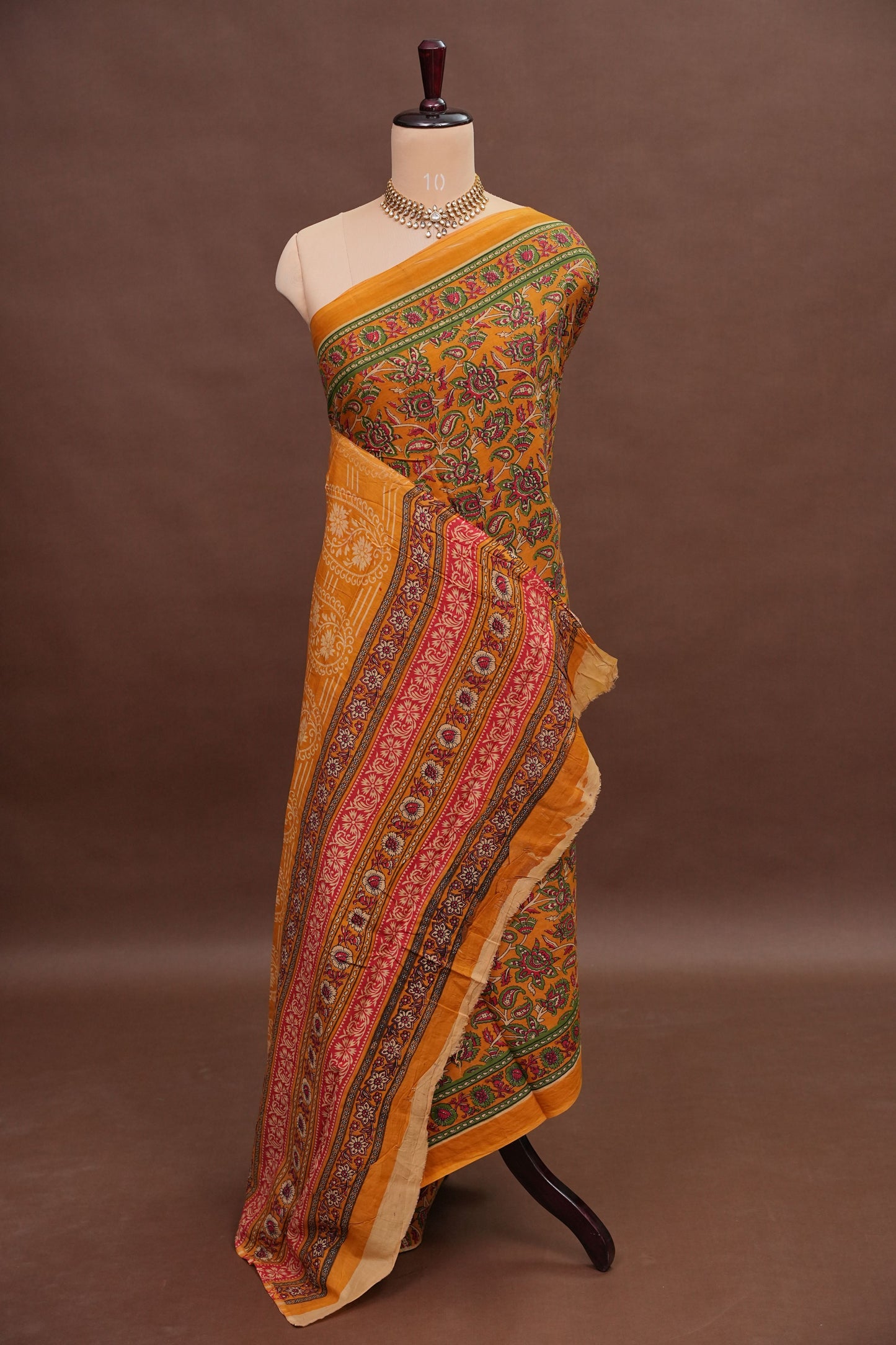 Kalamkari Inspired Cotton Saree – Mustard Yellow with Floral Heritage Prints