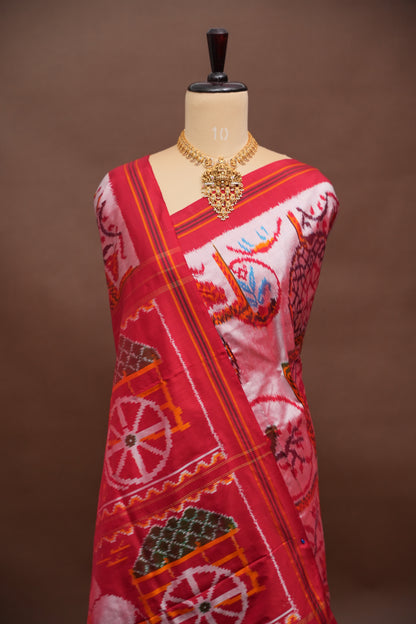 Pure Ikkat Soft Silk Saree - Baby Pink & Red