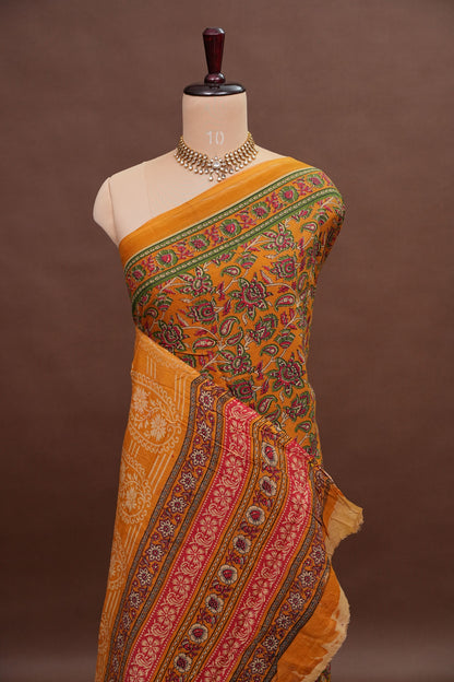 Kalamkari Inspired Cotton Saree – Mustard Yellow with Floral Heritage Prints