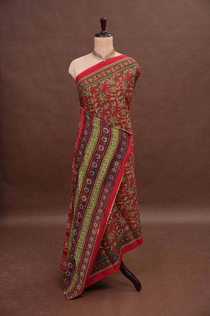 Traditional Kalamkari Style cotton Saree – Deep Red with Intricate Floral & Border Design