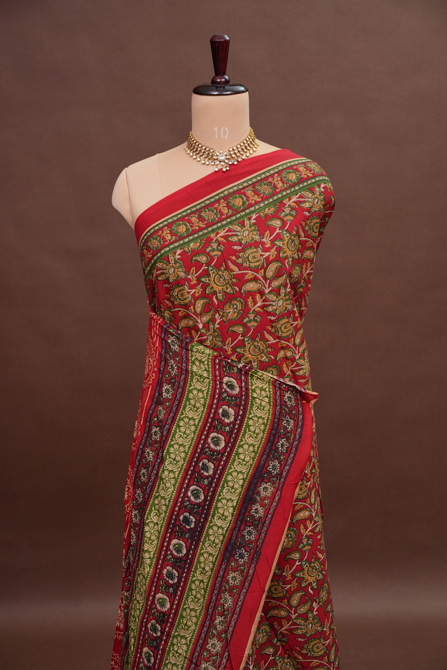 Traditional Kalamkari Style cotton Saree – Deep Red with Intricate Floral & Border Design