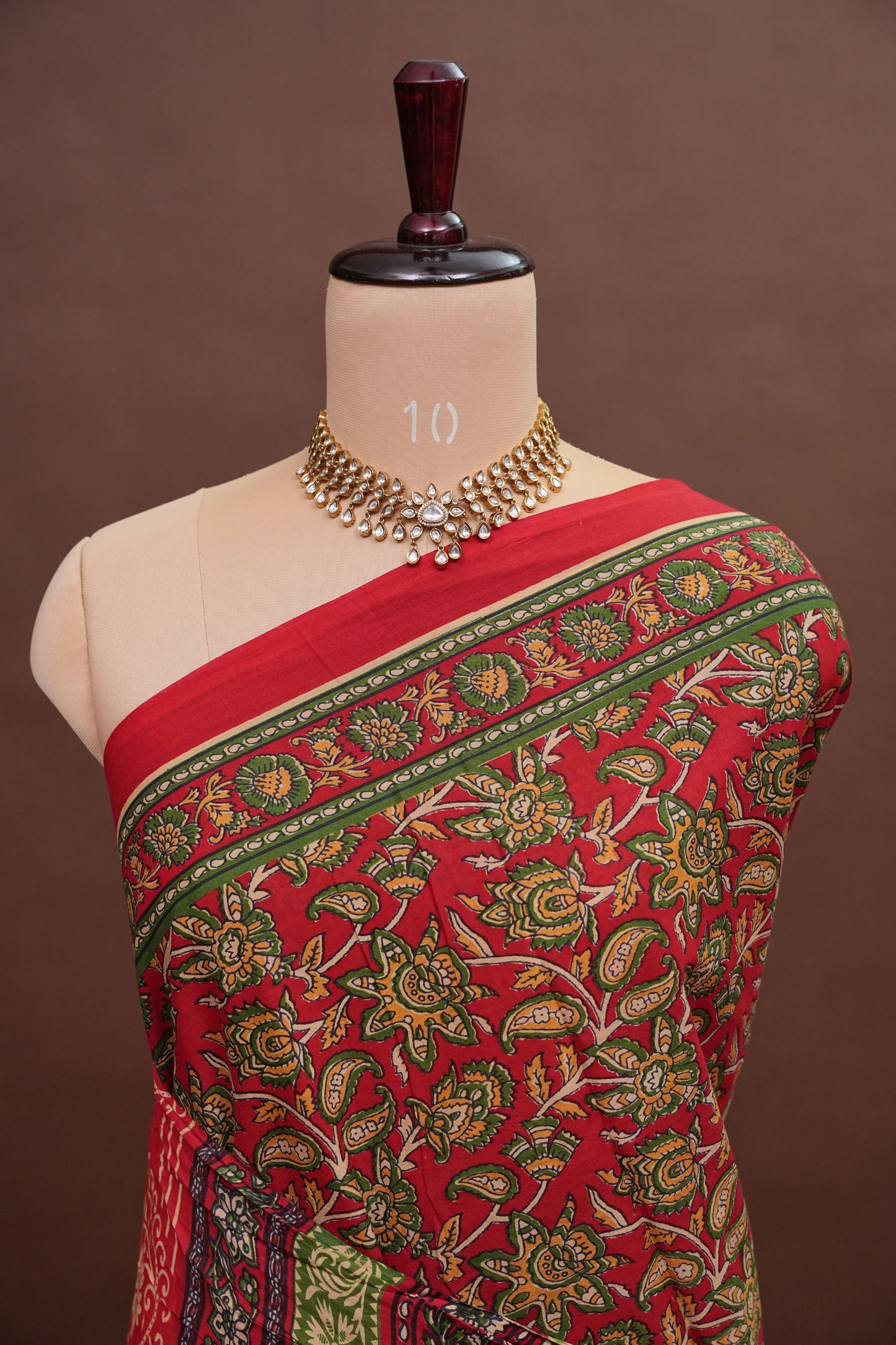 Traditional Kalamkari Style cotton Saree – Deep Red with Intricate Floral & Border Design