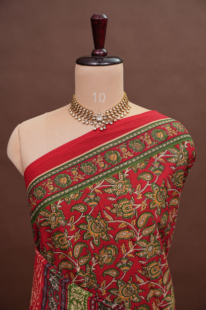 Traditional Kalamkari Style cotton Saree – Deep Red with Intricate Floral & Border Design