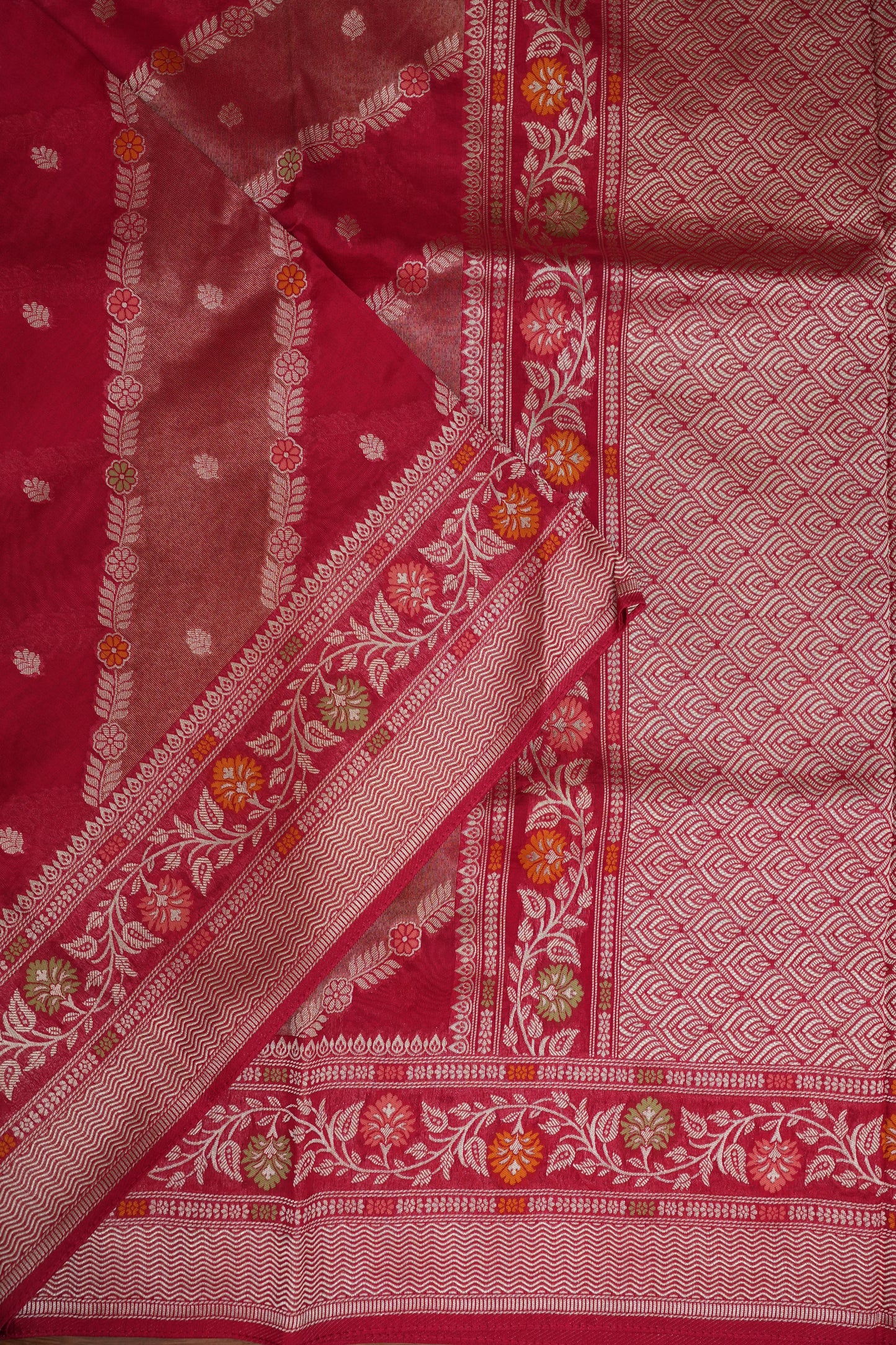 Mellow Tissue & Banarasi Fusion Saree with Meenakari Detailing – Rani Pink