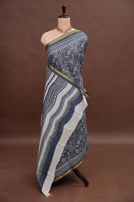 Indigo Grey Handloom cotton Saree – Tribal Motifs with Contemporary Stripes