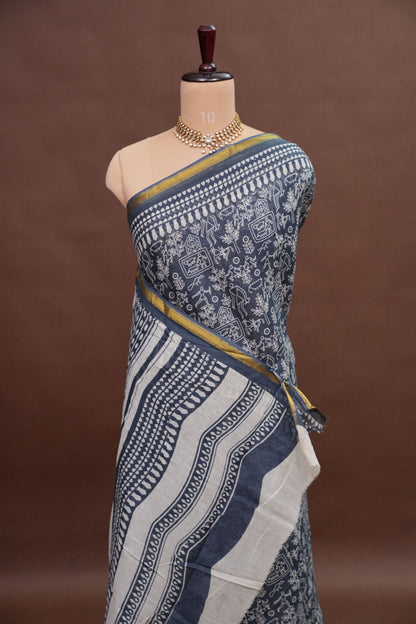 Indigo Grey Handloom cotton Saree – Tribal Motifs with Contemporary Stripes