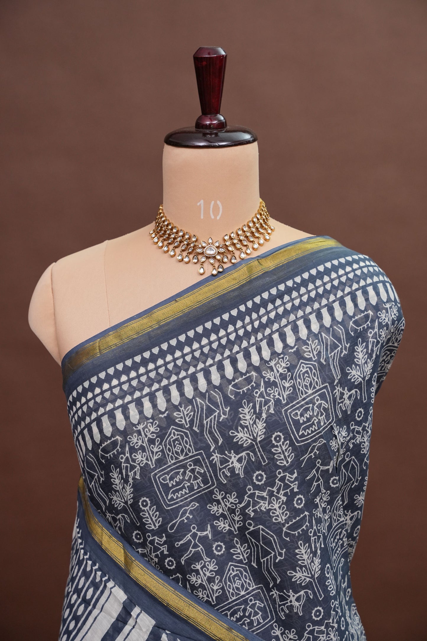 Indigo Grey Handloom cotton Saree – Tribal Motifs with Contemporary Stripes