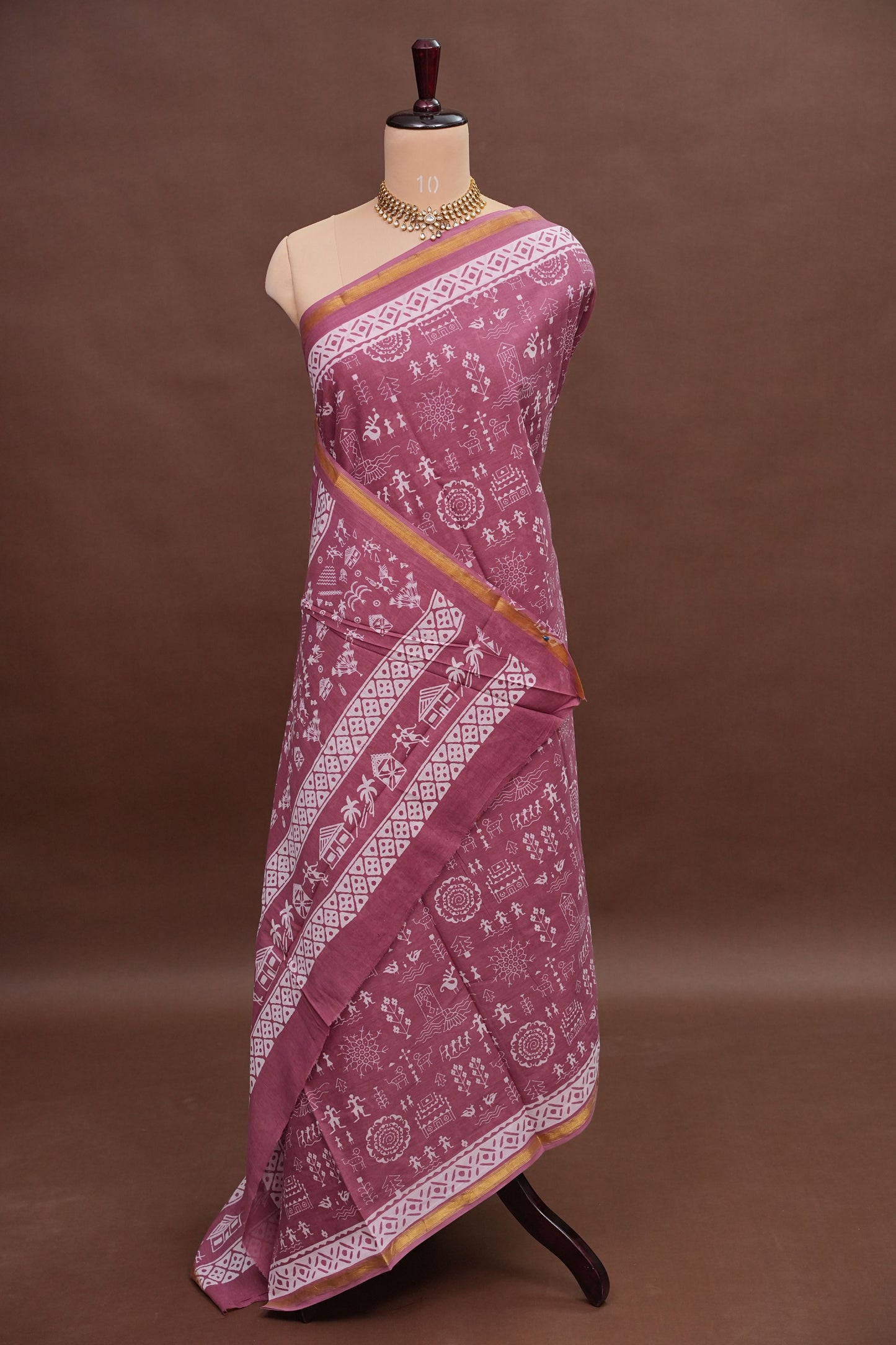 Rustic Charm Handloom cotton Saree – Dusty Rose with Tribal-Inspired Motifs