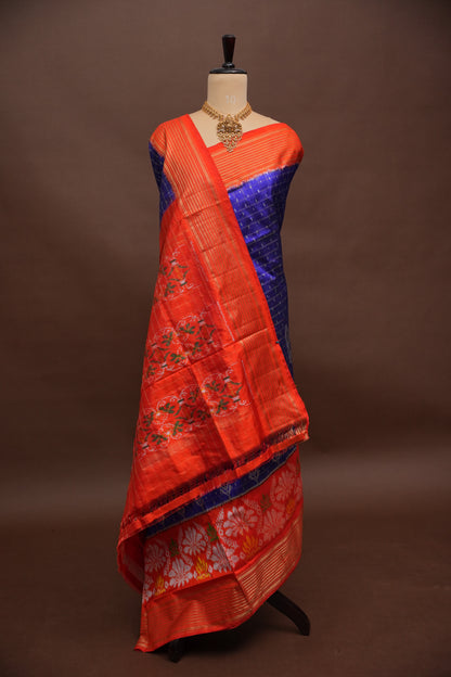 Pure Ikkat Soft Silk Saree - Blue & Orange
