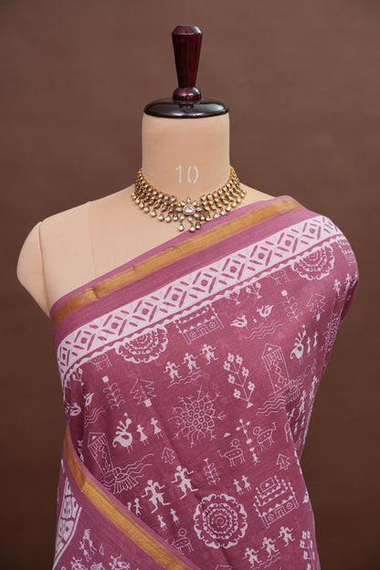 Rustic Charm Handloom cotton Saree – Dusty Rose with Tribal-Inspired Motifs