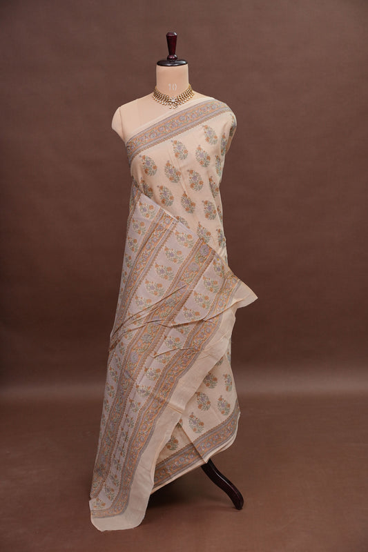 Elegant Pastel Floral cotton Saree – Soft Ivory with Multicolor Woven Buttas
