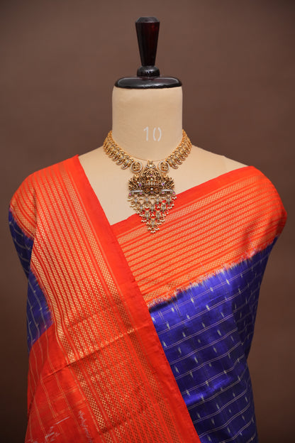 Pure Ikkat Soft Silk Saree - Blue & Orange