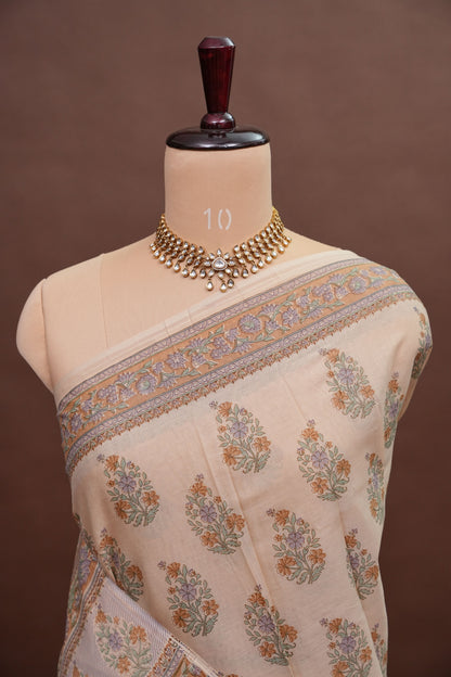 Elegant Pastel Floral cotton Saree – Soft Ivory with Multicolor Woven Buttas