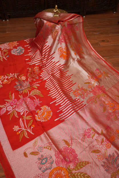 Mellow Tissue & Banarasi Fusion Saree with Meenakari Detailing – Coral Red