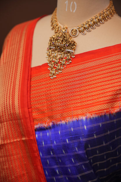 Pure Ikkat Soft Silk Saree - Blue & Orange