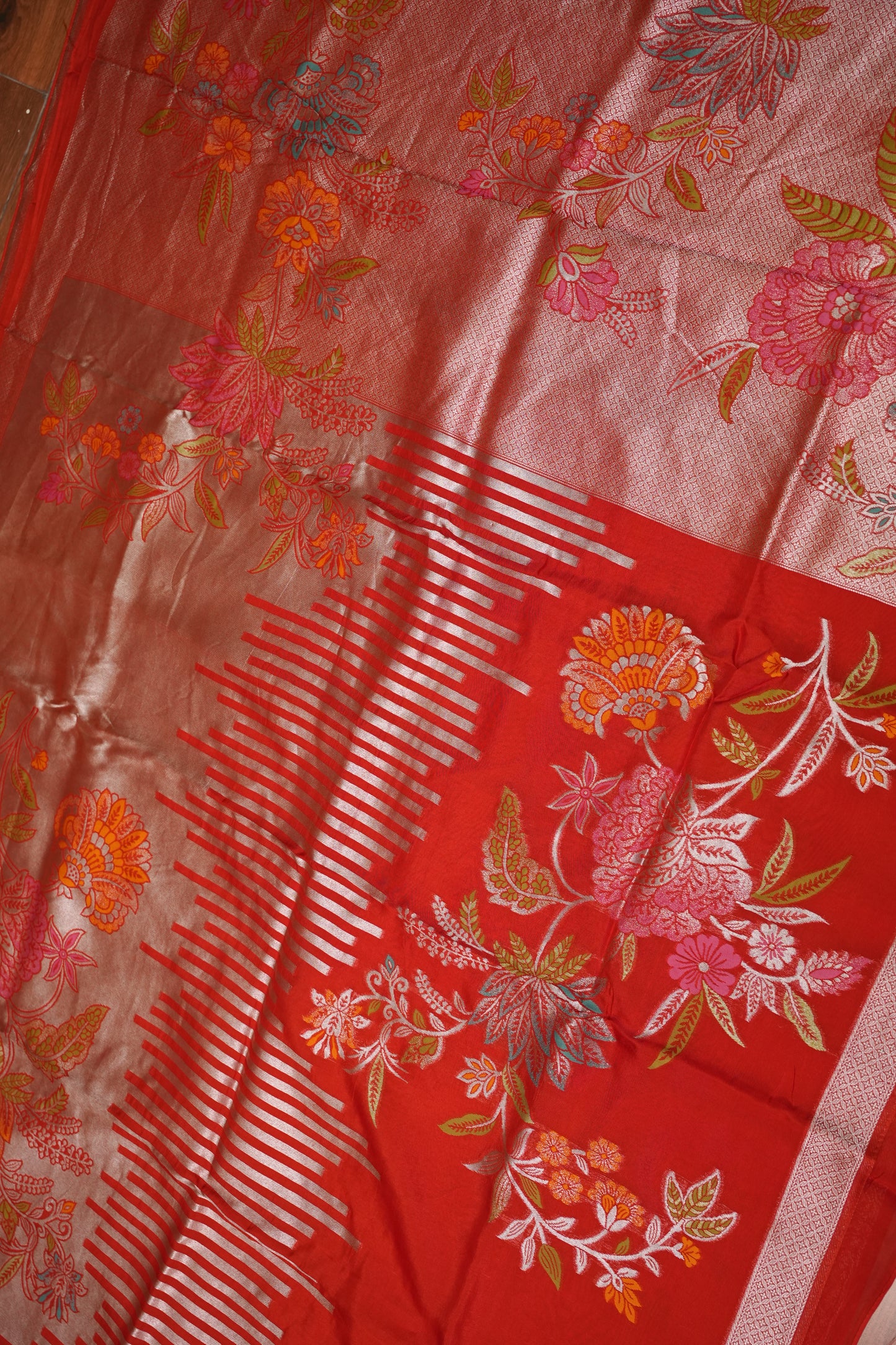 Mellow Tissue & Banarasi Fusion Saree with Meenakari Detailing – Coral Red