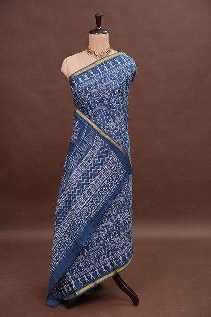 Warli Print Cotton Saree – Indigo Blue with Traditional Tribal Art Motifs