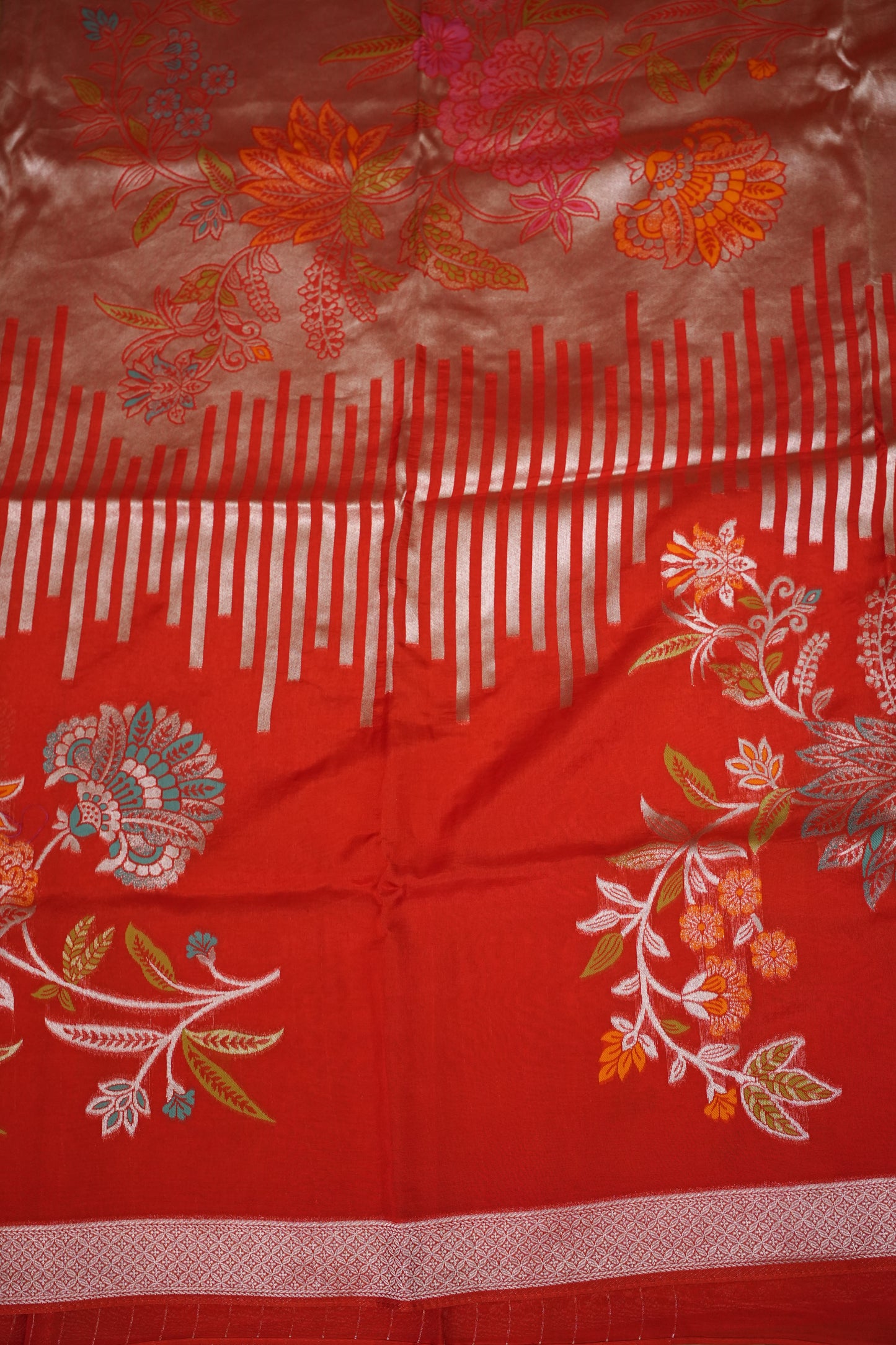 Mellow Tissue & Banarasi Fusion Saree with Meenakari Detailing – Coral Red