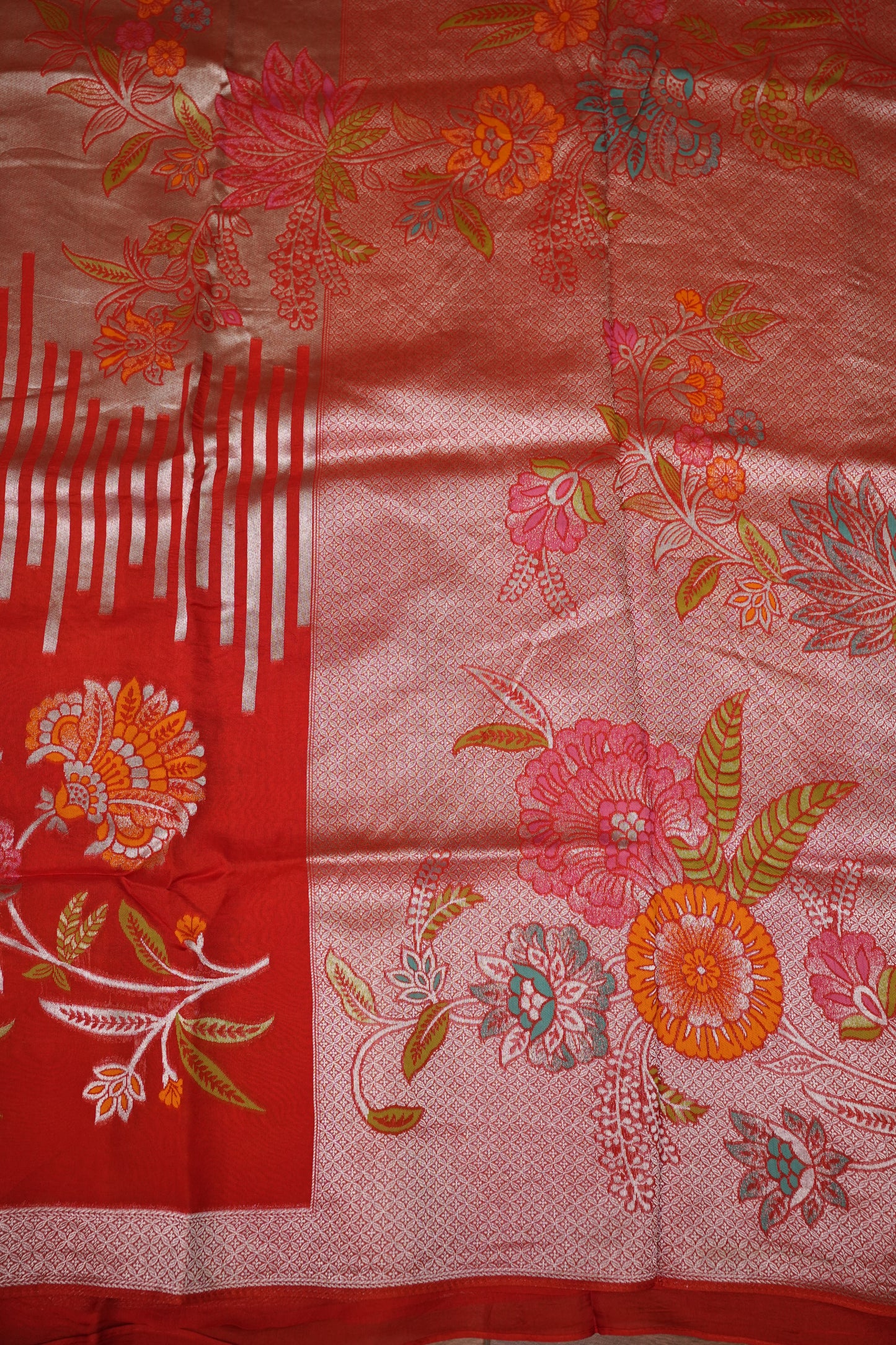 Mellow Tissue & Banarasi Fusion Saree with Meenakari Detailing – Coral Red