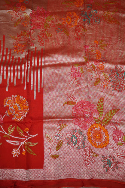 Mellow Tissue & Banarasi Fusion Saree with Meenakari Detailing – Coral Red