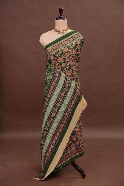 Kalamkari Cotton Saree – Deep Forest Green with Traditional Floral & Border Prints