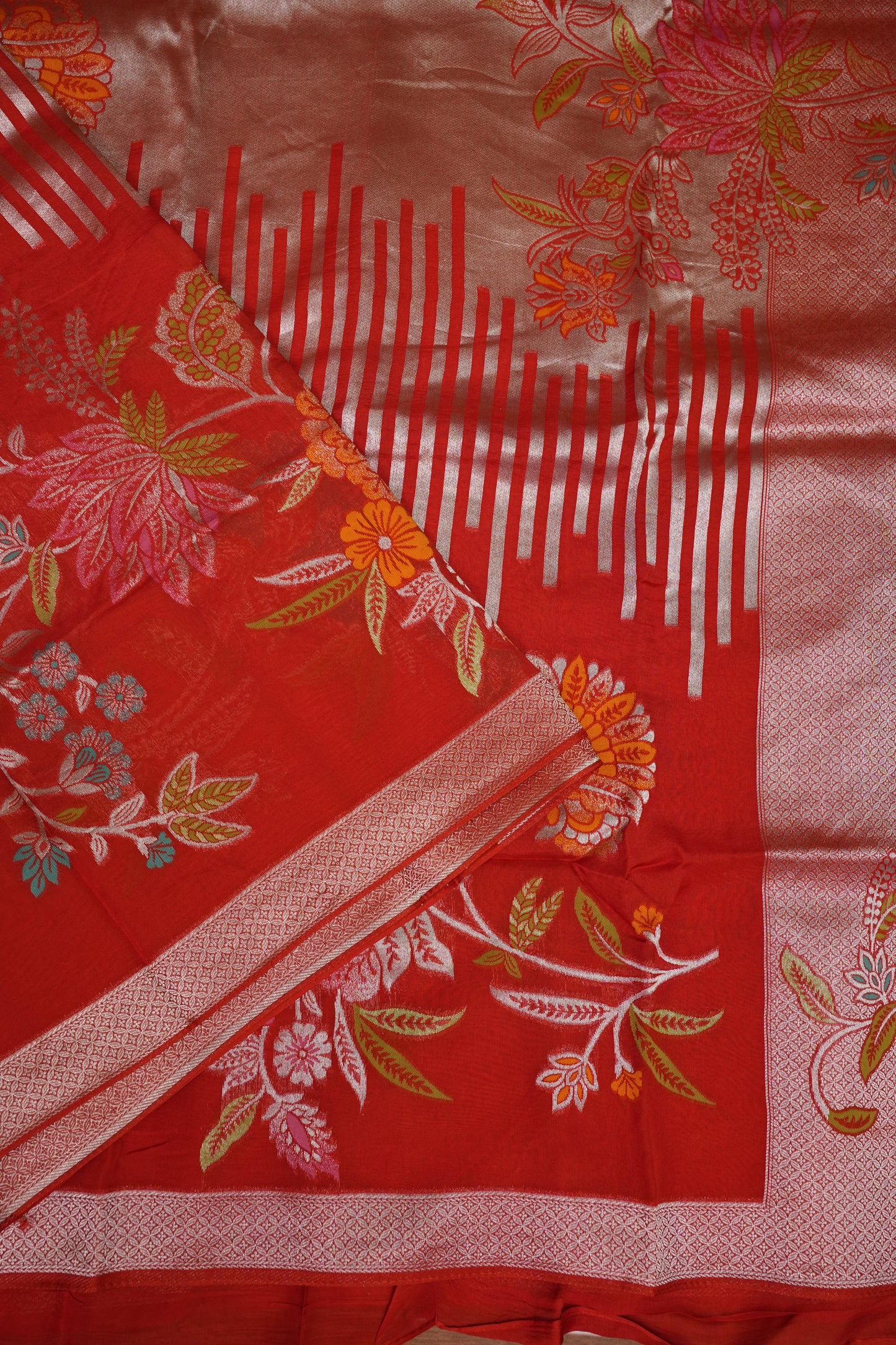 Mellow Tissue & Banarasi Fusion Saree with Meenakari Detailing – Coral Red