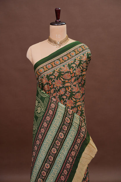 Kalamkari Cotton Saree – Deep Forest Green with Traditional Floral & Border Prints