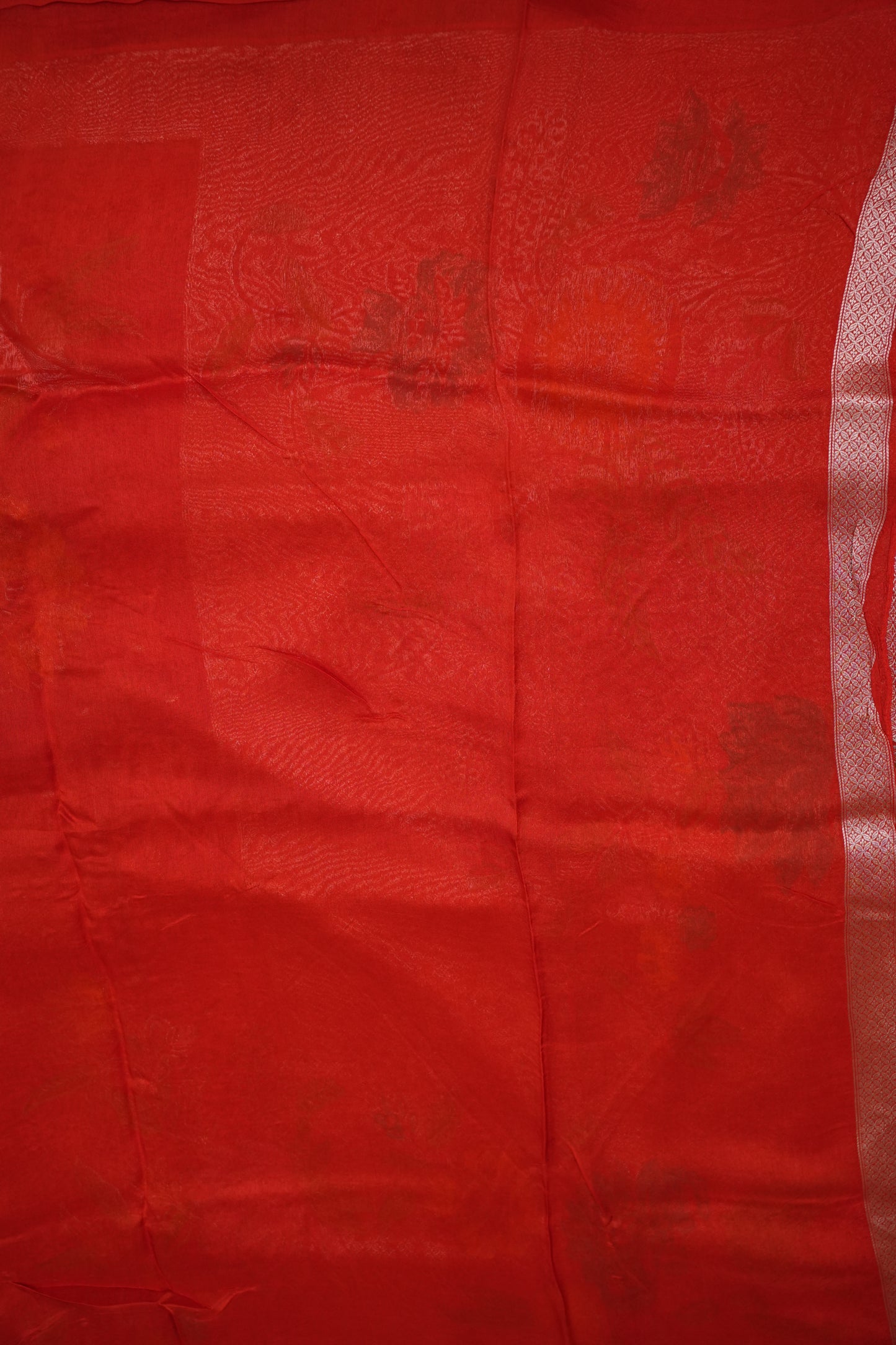 Mellow Tissue & Banarasi Fusion Saree with Meenakari Detailing – Coral Red