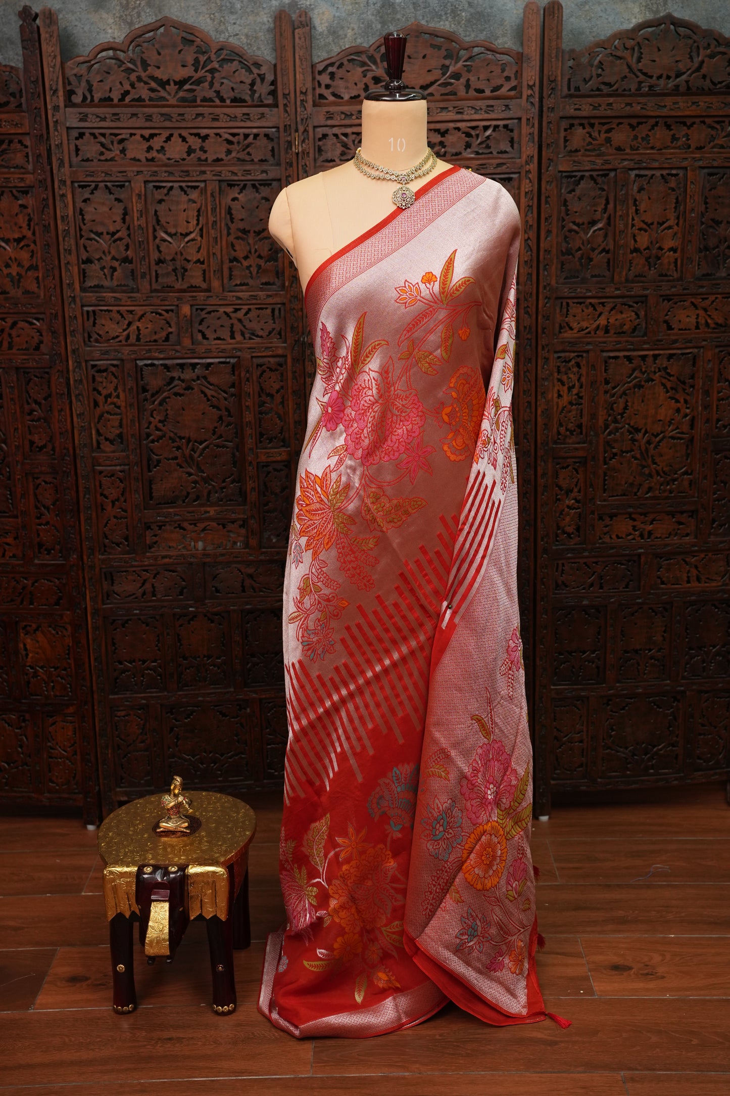 Mellow Tissue & Banarasi Fusion Saree with Meenakari Detailing – Coral Red