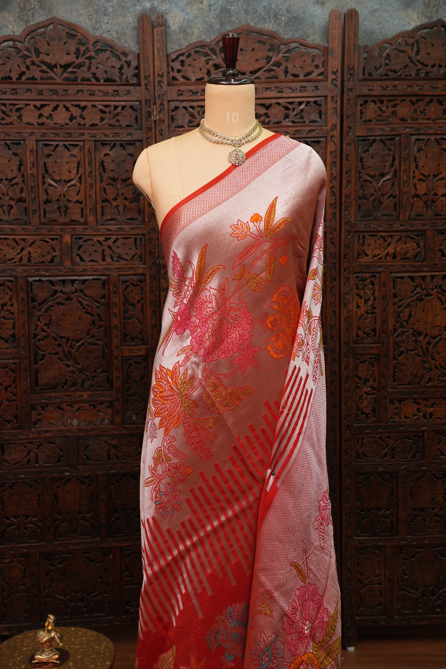 Mellow Tissue & Banarasi Fusion Saree with Meenakari Detailing – Coral Red
