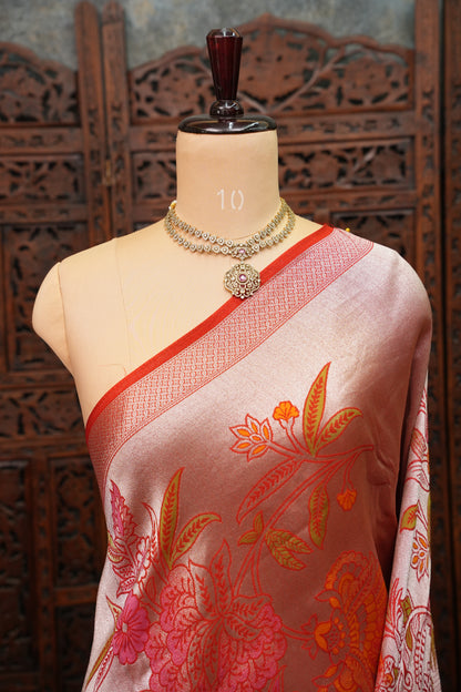 Mellow Tissue & Banarasi Fusion Saree with Meenakari Detailing – Coral Red