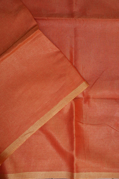 Tissue Linen Silk Saree – Rust Orange with Subtle Gold Zari Border