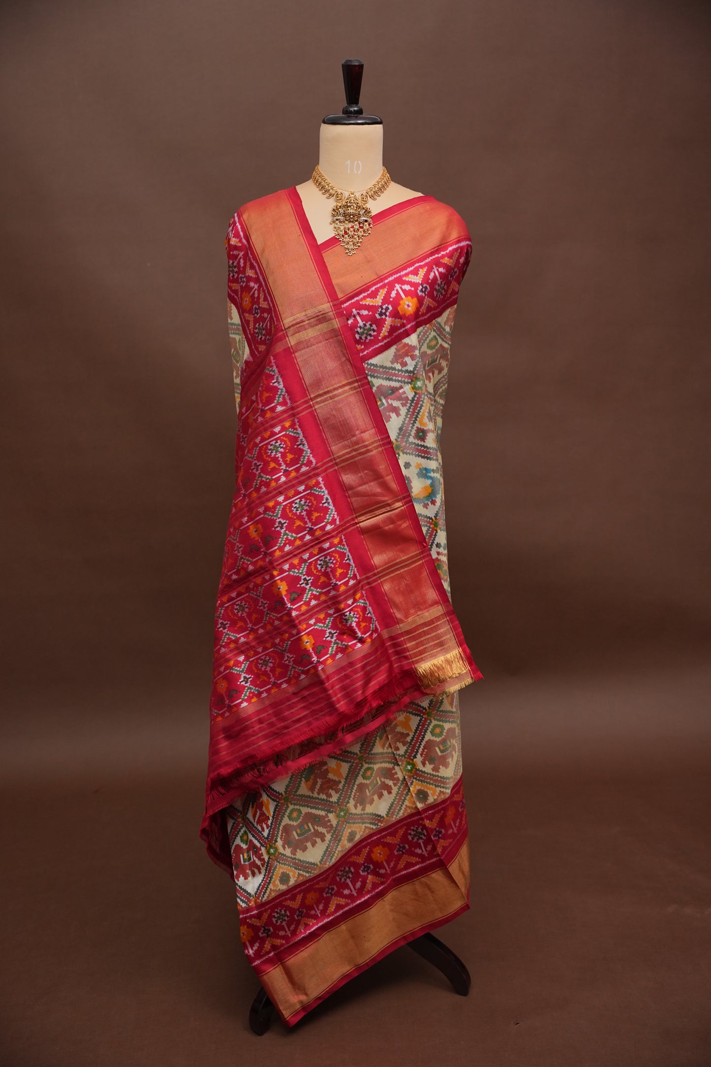 Pure Ikkat Soft Silk Saree - Ivory & Red