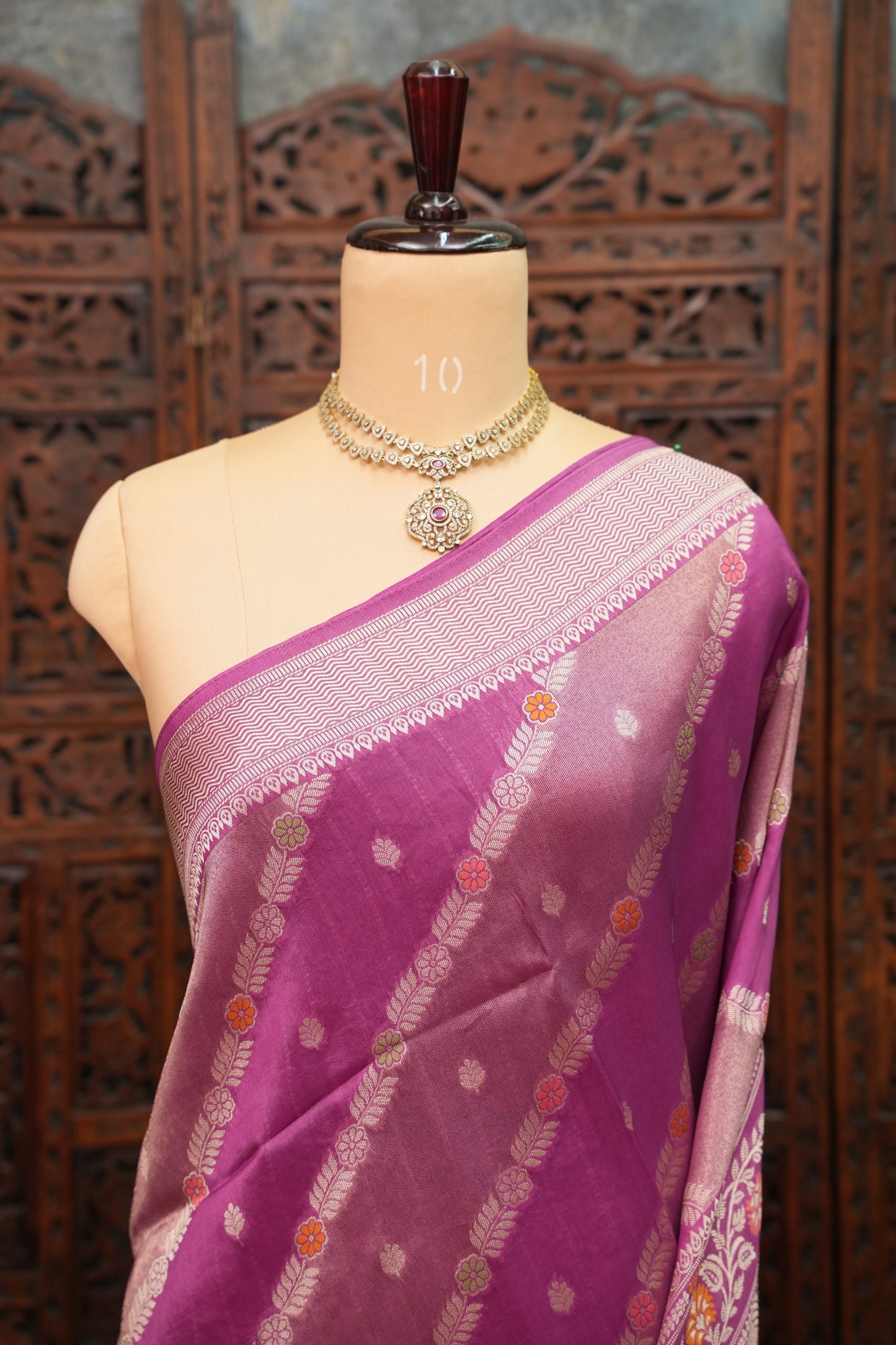Mellow Tissue & Banarasi Fusion Saree with Meenakari Detailing – Magenta Purple