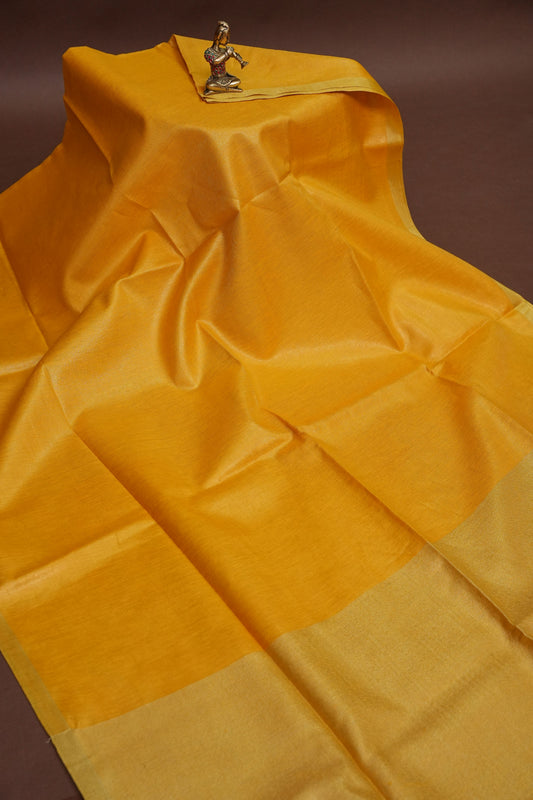 Tissue Linen Silk Saree – Mustard Yellow with Subtle Gold Zari Border