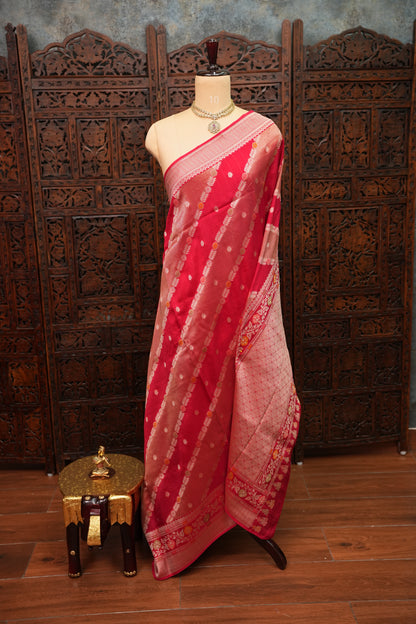 Mellow Tissue & Banarasi Fusion Saree with Meenakari Detailing – Rani Pink